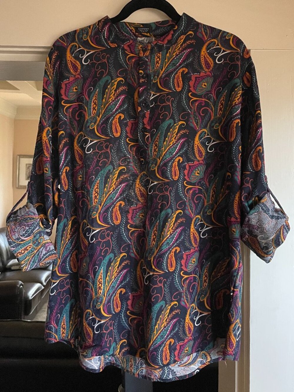 Coofandy Paisley Cotton/Hemp 4-Button No Collar Shirt - XL